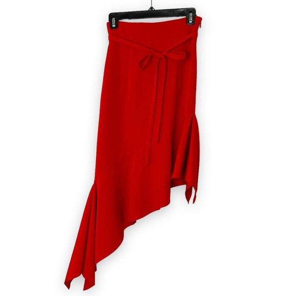 NWT MILLY Charlotte Asymmetrical Red Midi Pencil Skirt, Sz 2 Ruffle - Picture 1 of 6